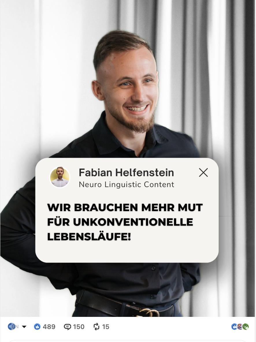 Fabian Helfenstein steht lächelnd da und darauf ist der Text: Wir brauchen mehr Mut für unkonventionelle Lebensläufe